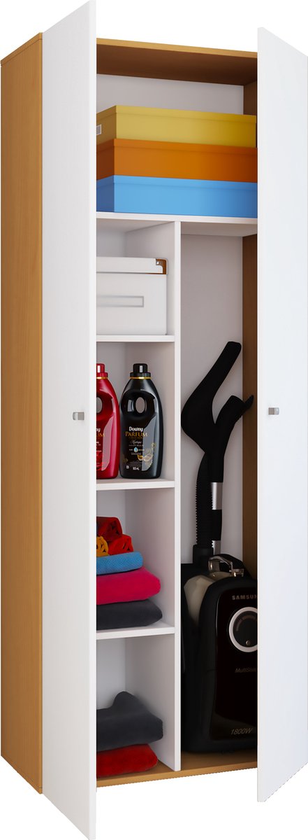 Vandol Iikombi Universele Kast, Schoonmaakkast 2 Deuren Beuken Decor,wit.