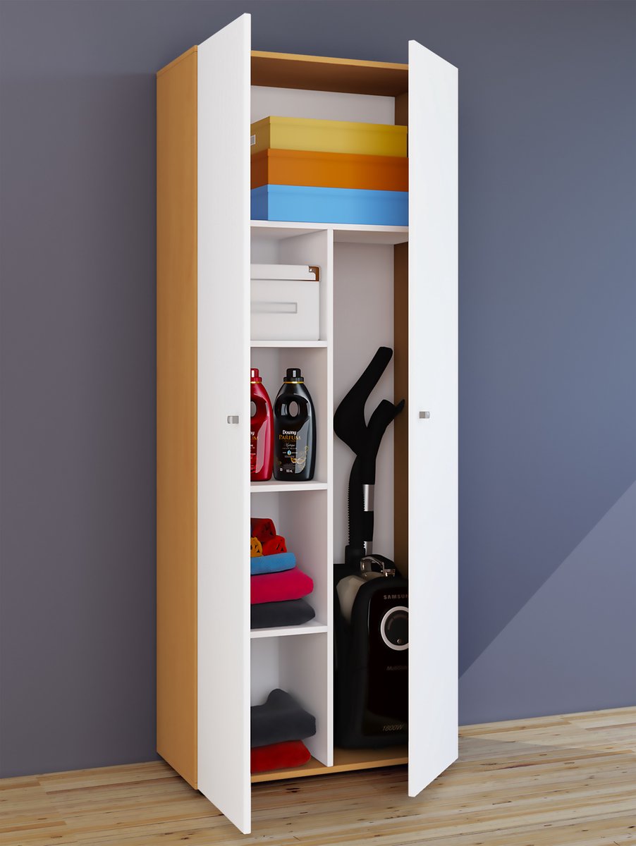 Vandol Iikombi Universele Kast, Schoonmaakkast 2 Deuren Beuken Decor,wit.