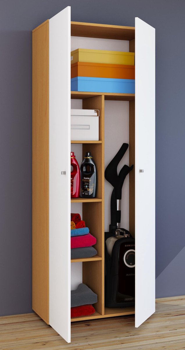 Vandol Iikombi Universele Kast, Schoonmaakkast 2 Deuren Beuken Decor,wit.