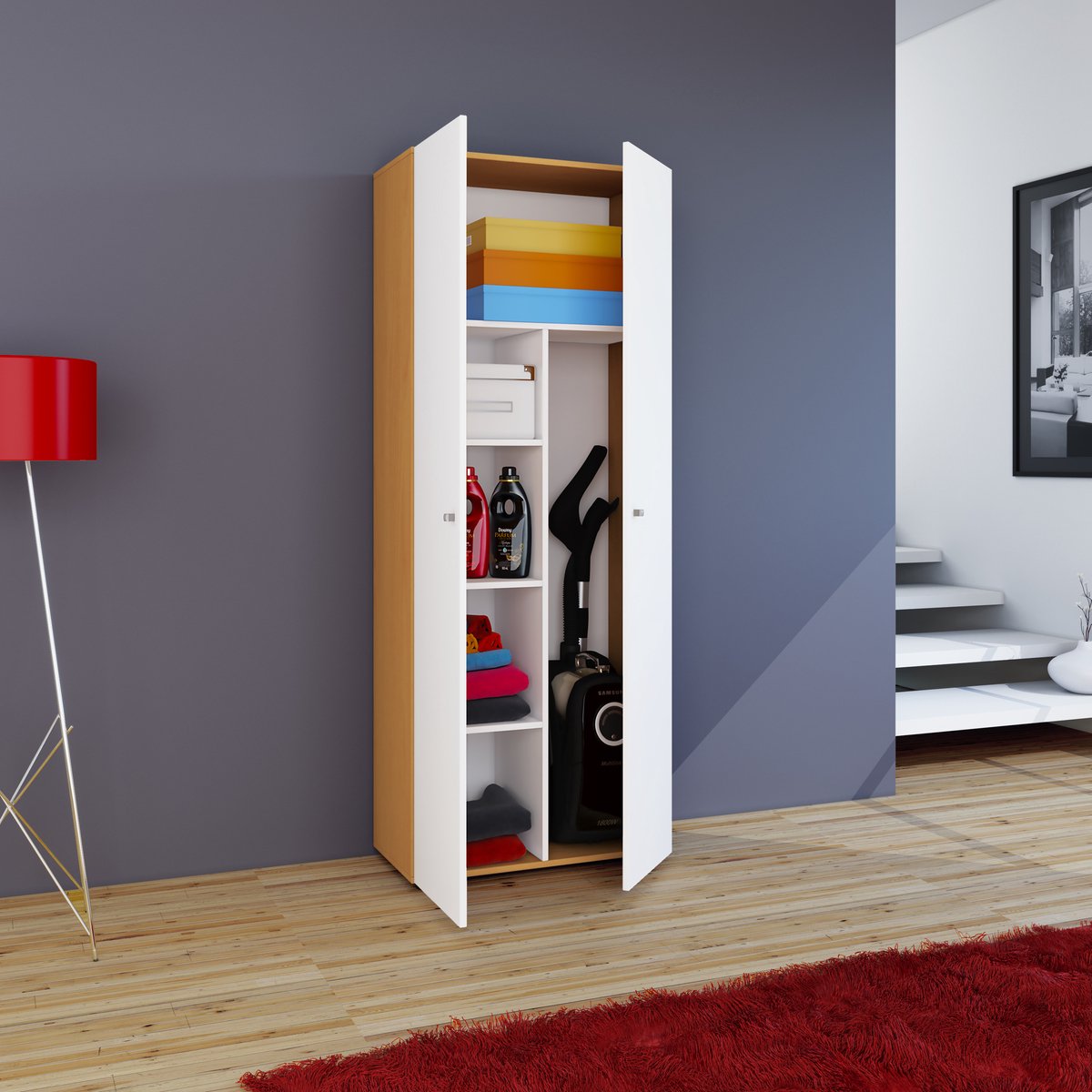 Vandol Iikombi Universele Kast, Schoonmaakkast 2 Deuren Beuken Decor,wit.