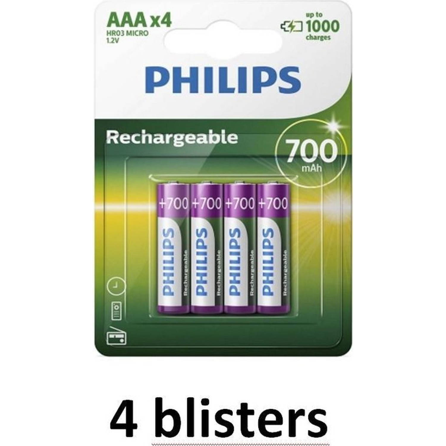 Philips Aaa Oplaadbare Batterij - 700mah - 16 Batterijen (4 Blisters A 4 Stuks)