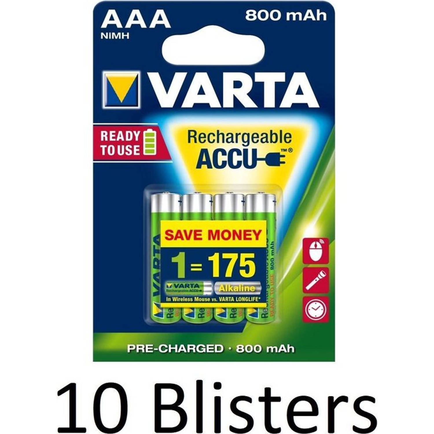 Varta 40 Stuks (10 Blisters A 4 St) Aaa Oplaadbare Batterijen - 800mah