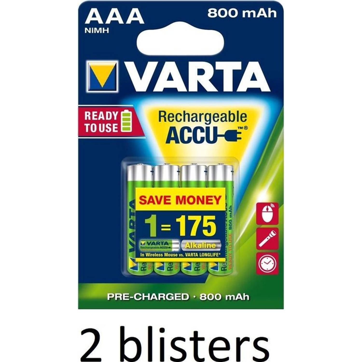 Varta 8 Stuks(2 Blisters A 4 Stuks) Aaa Oplaadbare Batterijen - 800mah