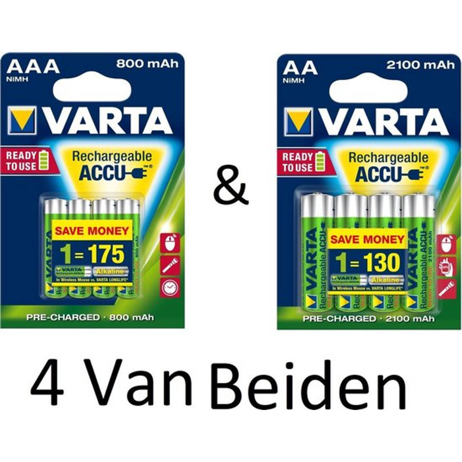 Varta (4 Van Beiden) Aa & Aaa Oplaadbare Batterijen Combi Aanbieding 800 Mah & 2100 Mah