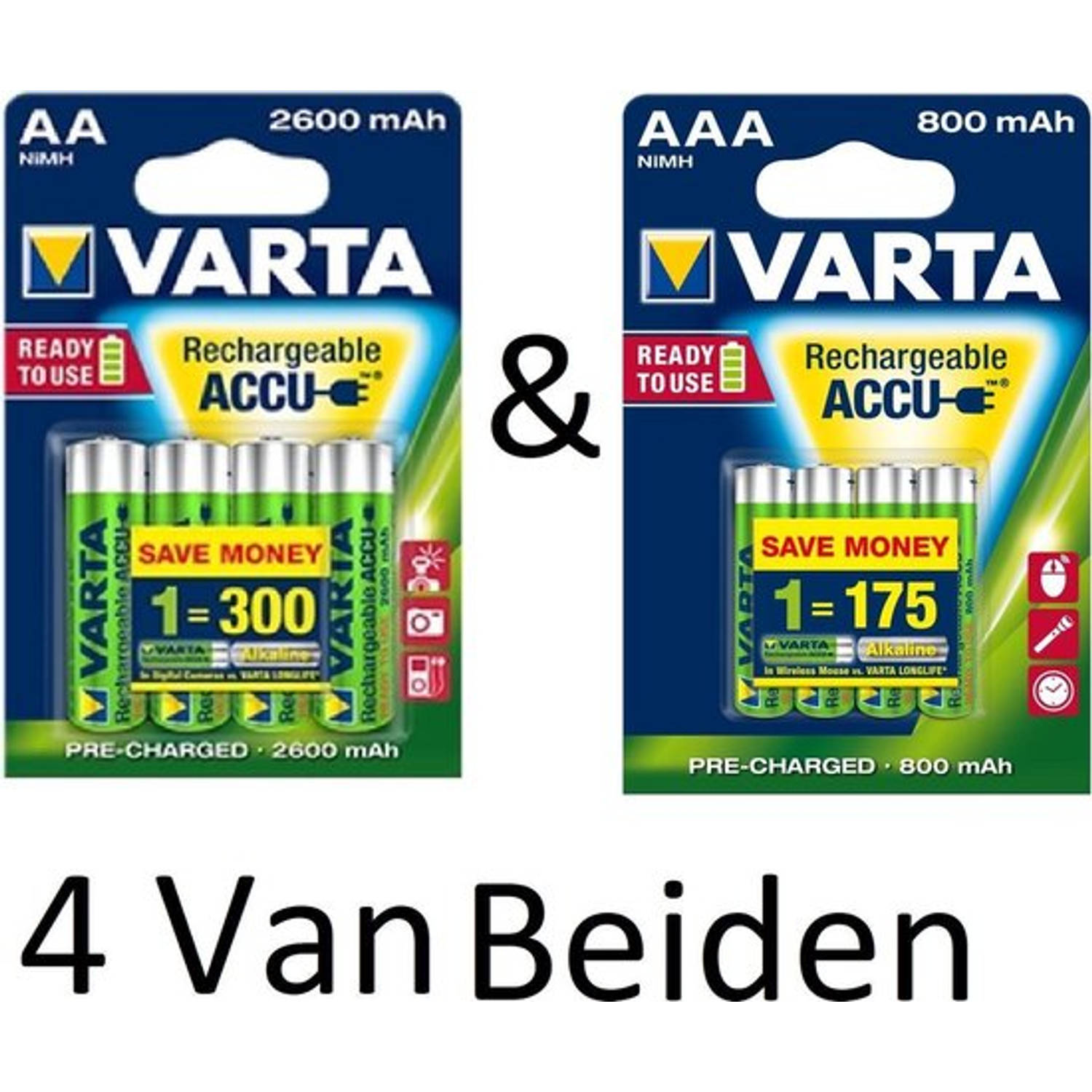 Varta (4 Van Beiden) Aa & Aaa Oplaadbare Batterijen Combi Aanbieding 2600 Mah & 800 Mah