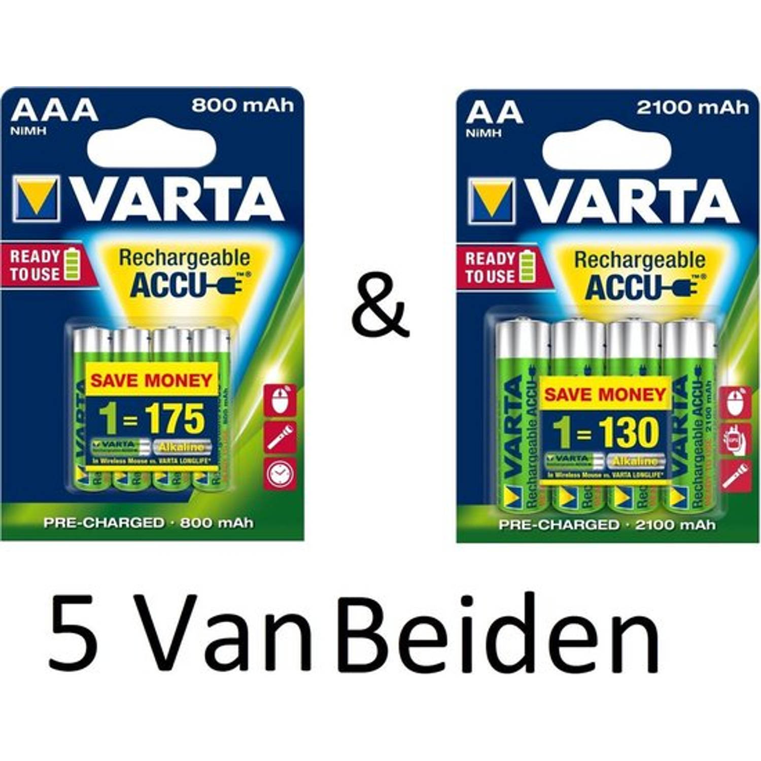 Varta (5 Van Beiden) Aa & Aaa Oplaadbare Batterijen Combi Aanbieding 800 Mah & 2100 Mah