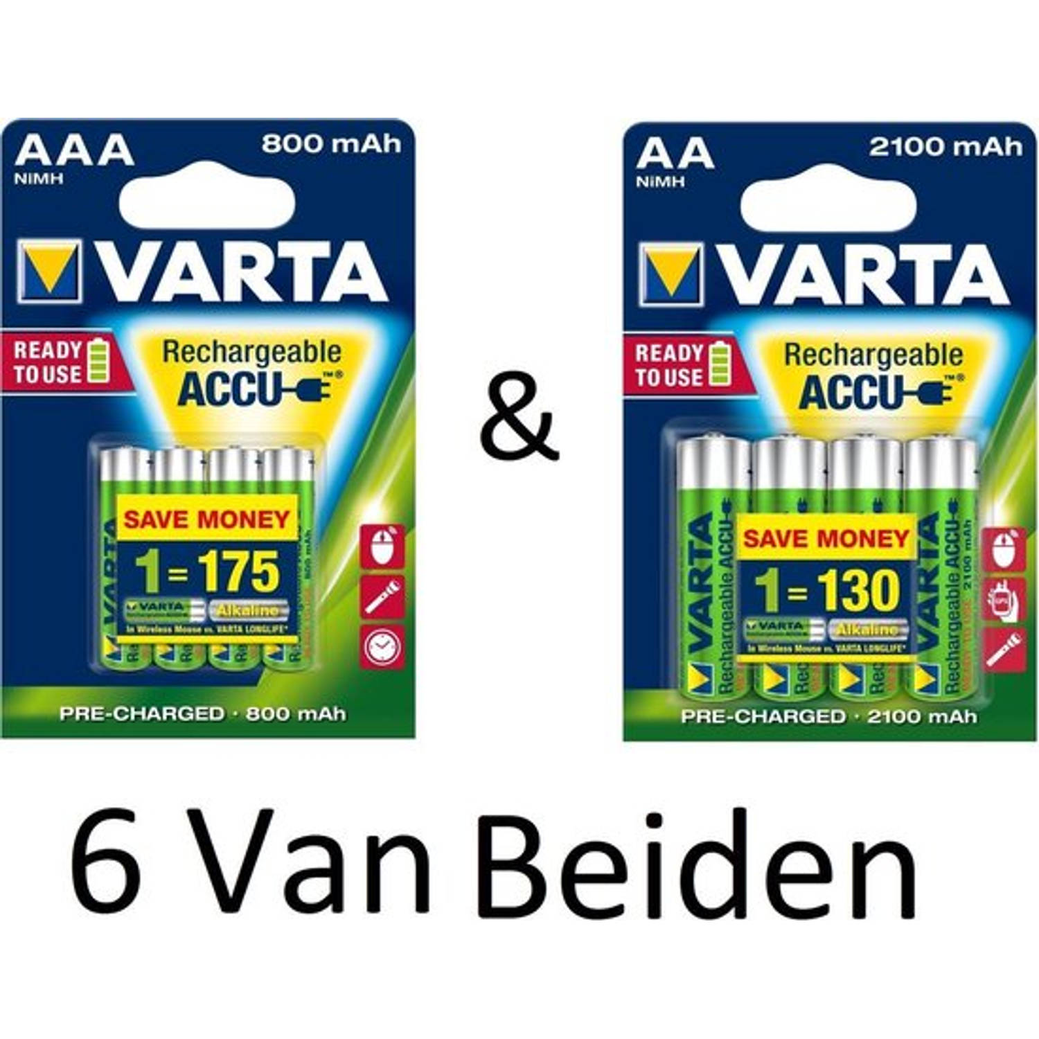 Varta (6 Van Beiden) Aa & Aaa Oplaadbare Batterijen Combi Aanbieding 800 Mah & 2100 Mah