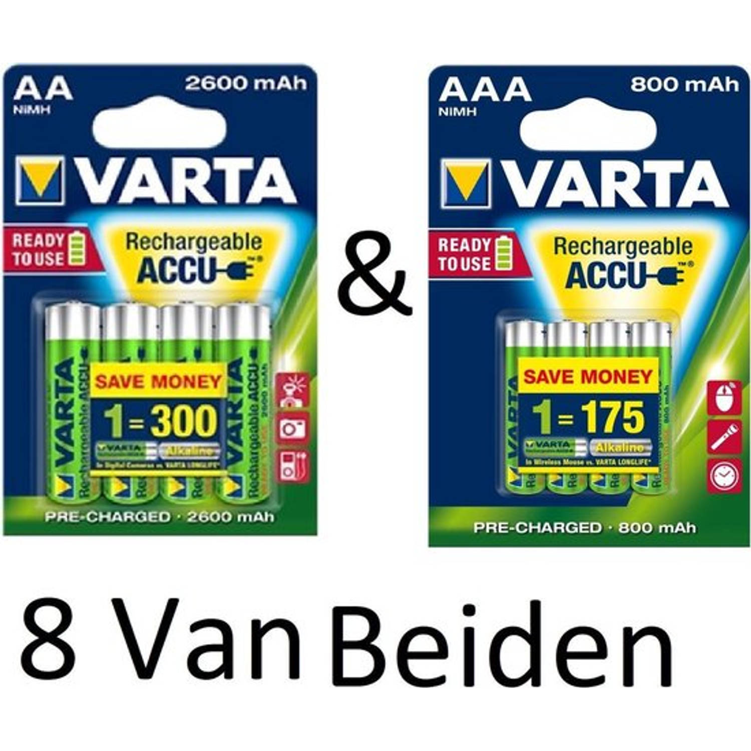 Varta (8 Van Beiden) Aa & Aaa Oplaadbare Batterijen Combi Aanbieding 2600 Mah & 800 Mah