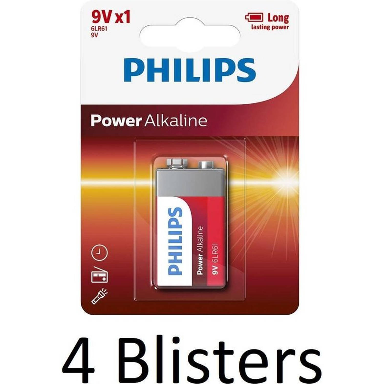 Philips 4 Stuks (4 Blisters A 1 St) Power Alkaline Batterij 9v