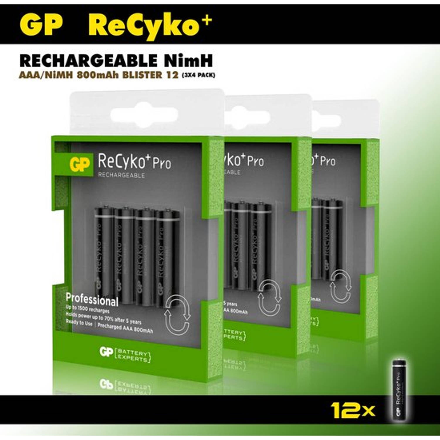 GP Aaa Oplaadbare Batterijen - Recyko+ Pro - 800 Mah -Voordeelverpakking - 12 Stuks