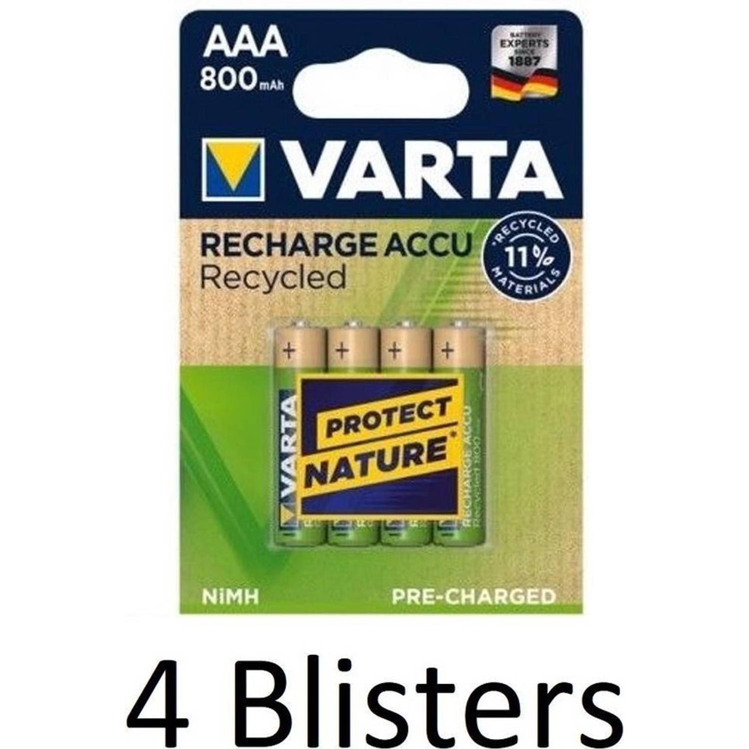 Varta 16 Stuks (4 Blisters A 4 St) Recharge Accu Recycled Aaa Oplaadbare Batterijen 800 Mah