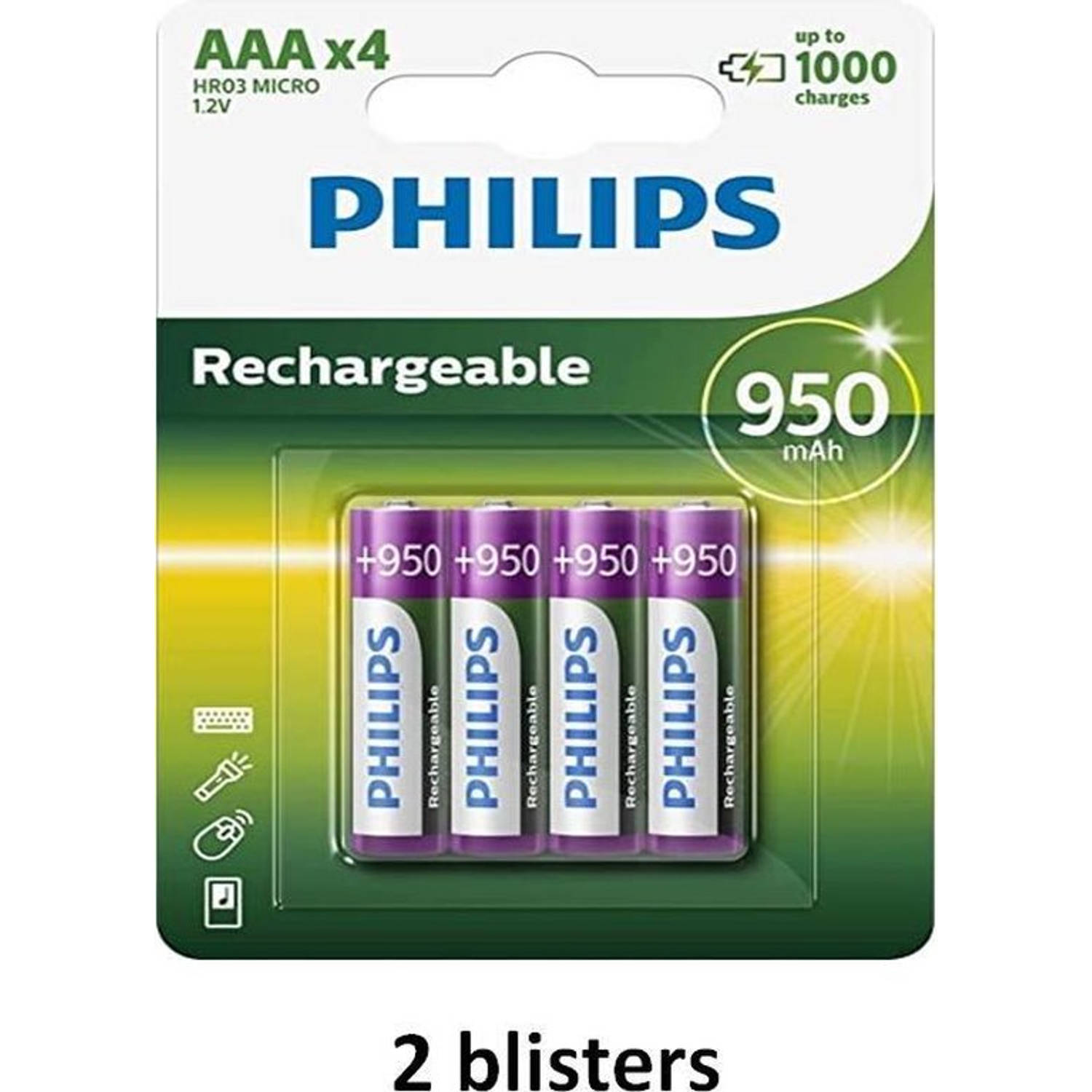 Philips Aaa Oplaadbare Batterij - 950mah - 8 Batterijen ( 2 Blisters A 4 Stuks )