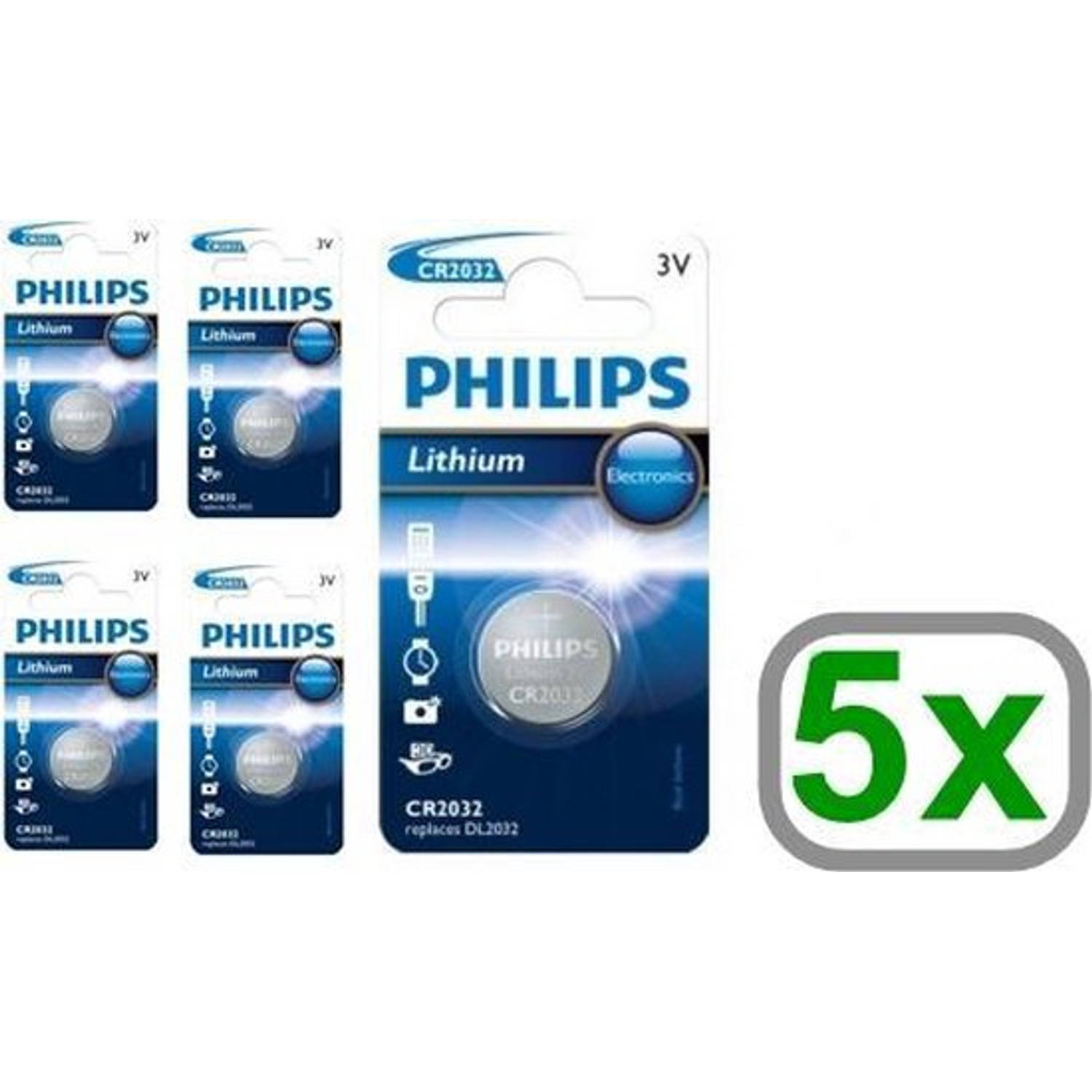 Philips 5 Stuks - Cr2032 3v Lithium Knoopcelbatterij