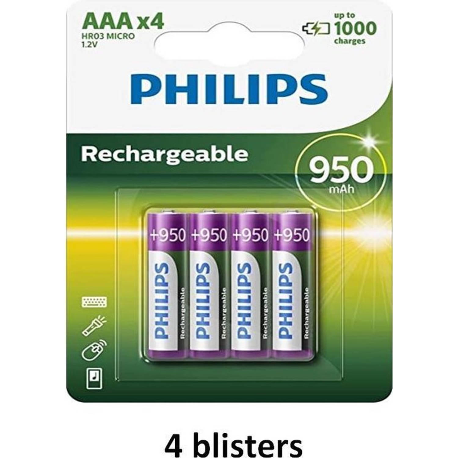 Philips Aaa Oplaadbare Batterij - 950mah - 16 Batterijen ( 4 Blisters A 4 Stuks )