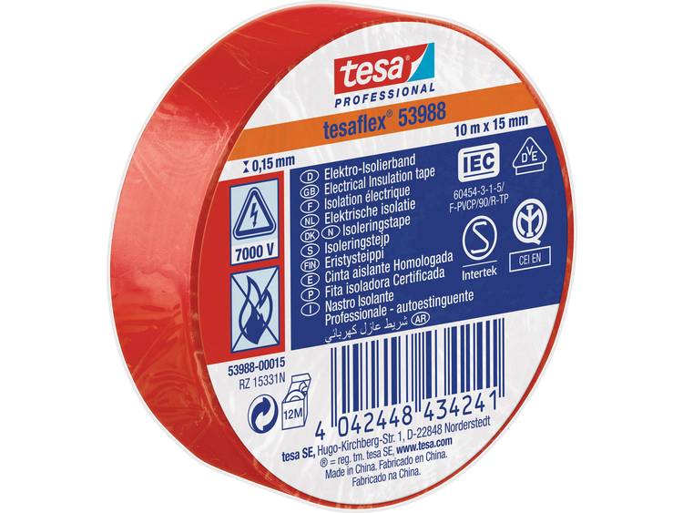 Tesa 53988-00015-00 Isolatietape 53988 (l x b) 10 m x 15 mm 10 m - Rood