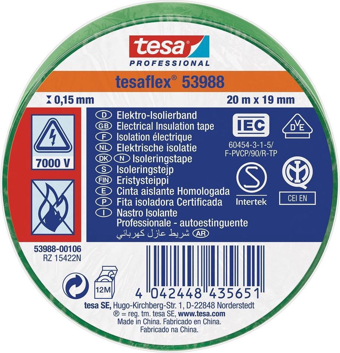 Tesa 53988-00106-00 Isolatietape 53988 (l x b) 20 m x 19 mm 20 m - Verde