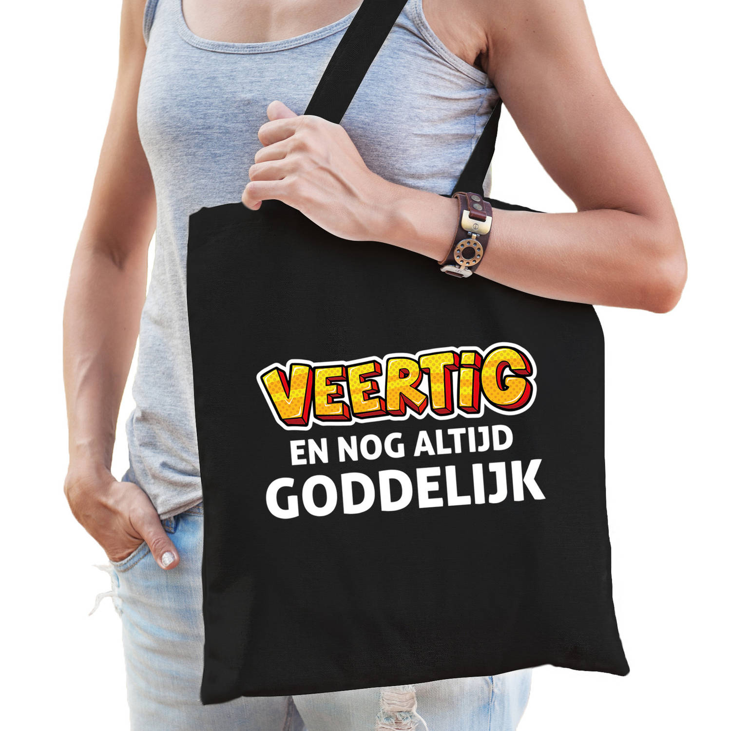 Bellatio Decorations Veertig En Goddelijk Verjaardag Cadeau Tas 40 Jaar Voor Dames - Feest Boodschappentassen - Zwart