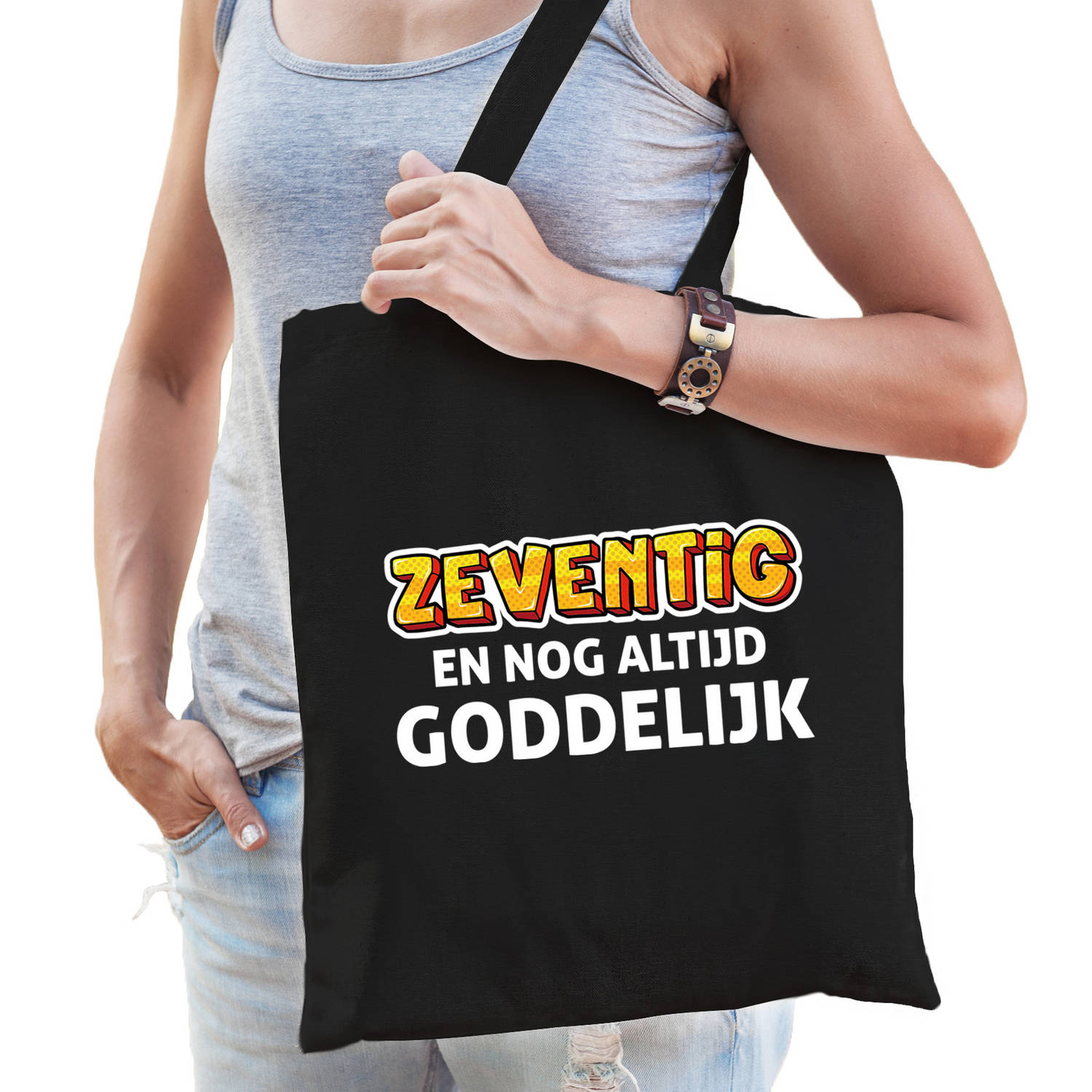 Bellatio Decorations Zeventig En Goddelijk Verjaardag Cadeau Tas 70 Jaar Voor Dames - Feest Boodschappentassen - Zwart