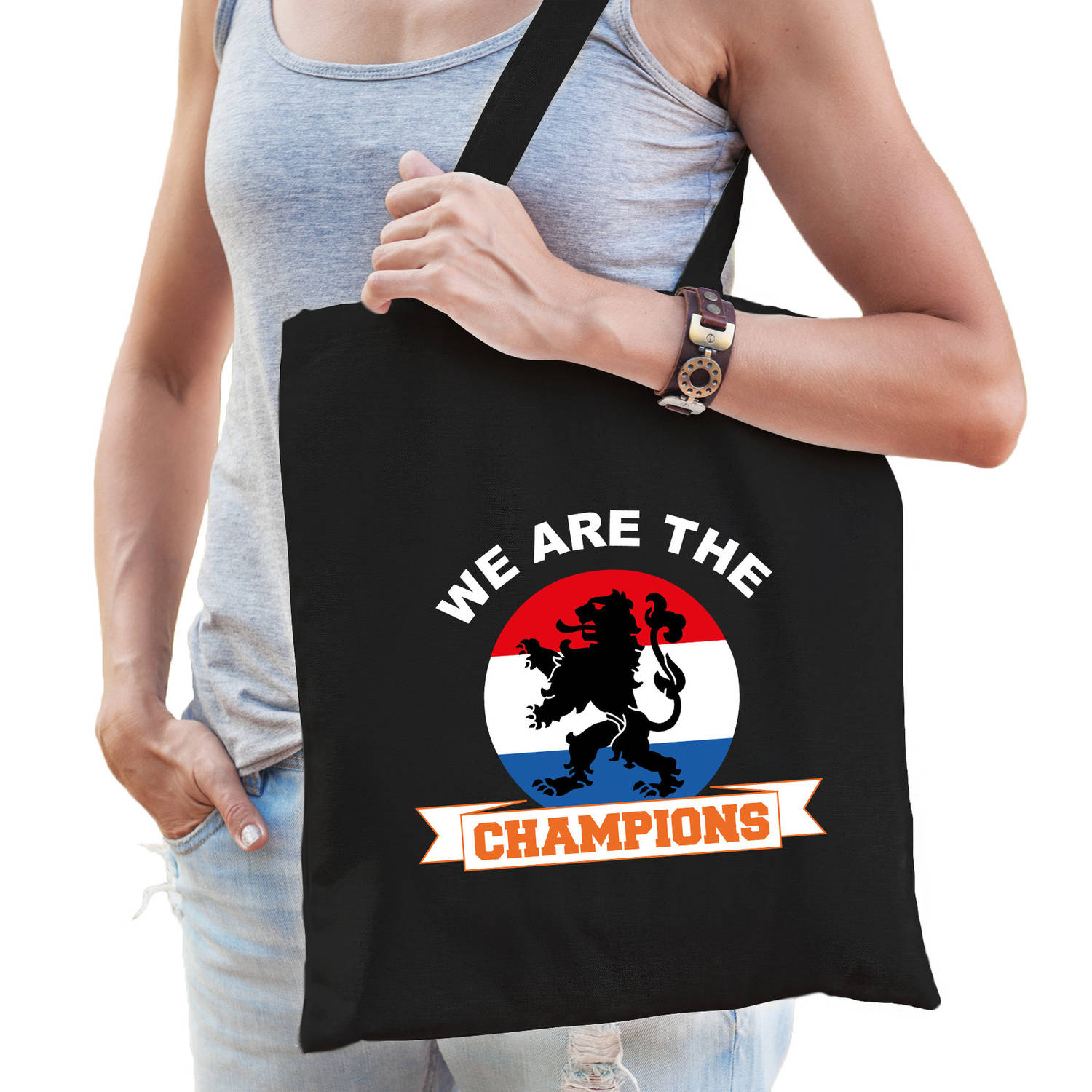 Bellatio Decorations We Are The Champions Supporter Cadeau Tas Voor Dames En Heren - Feest Boodschappentassen - Zwart