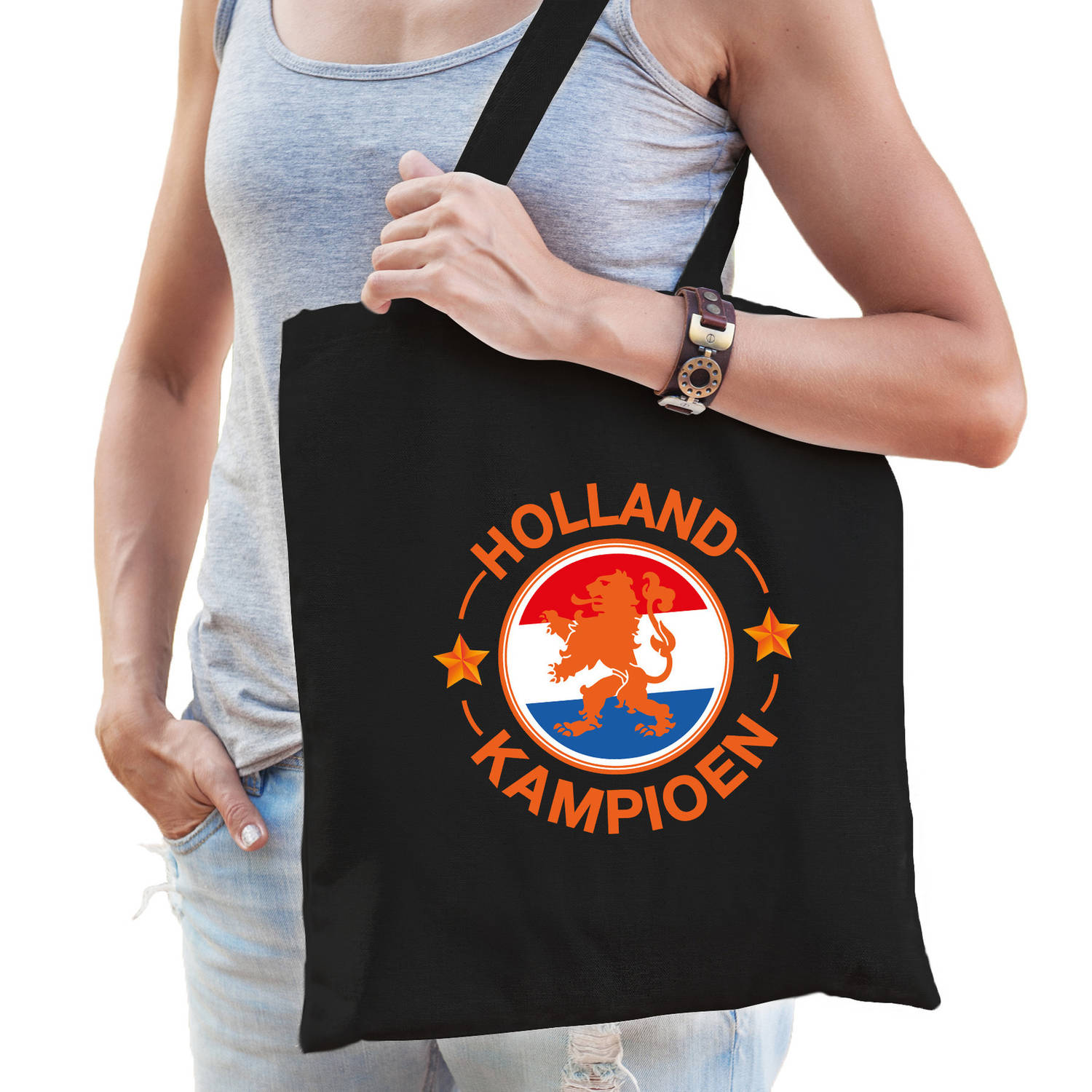 Bellatio Decorations Holland Kampioen Leeuw Supporter Cadeau Tas Voor Dames En Heren - Feest Boodschappentassen - Zwart