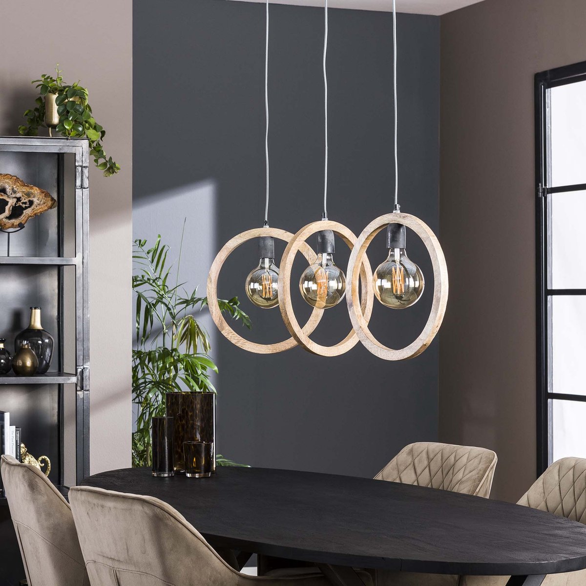 Hoyz - Hanglamp Round Wood - 3 Lampen - Massief Mango Naturel - 97x35x150 - Bruin