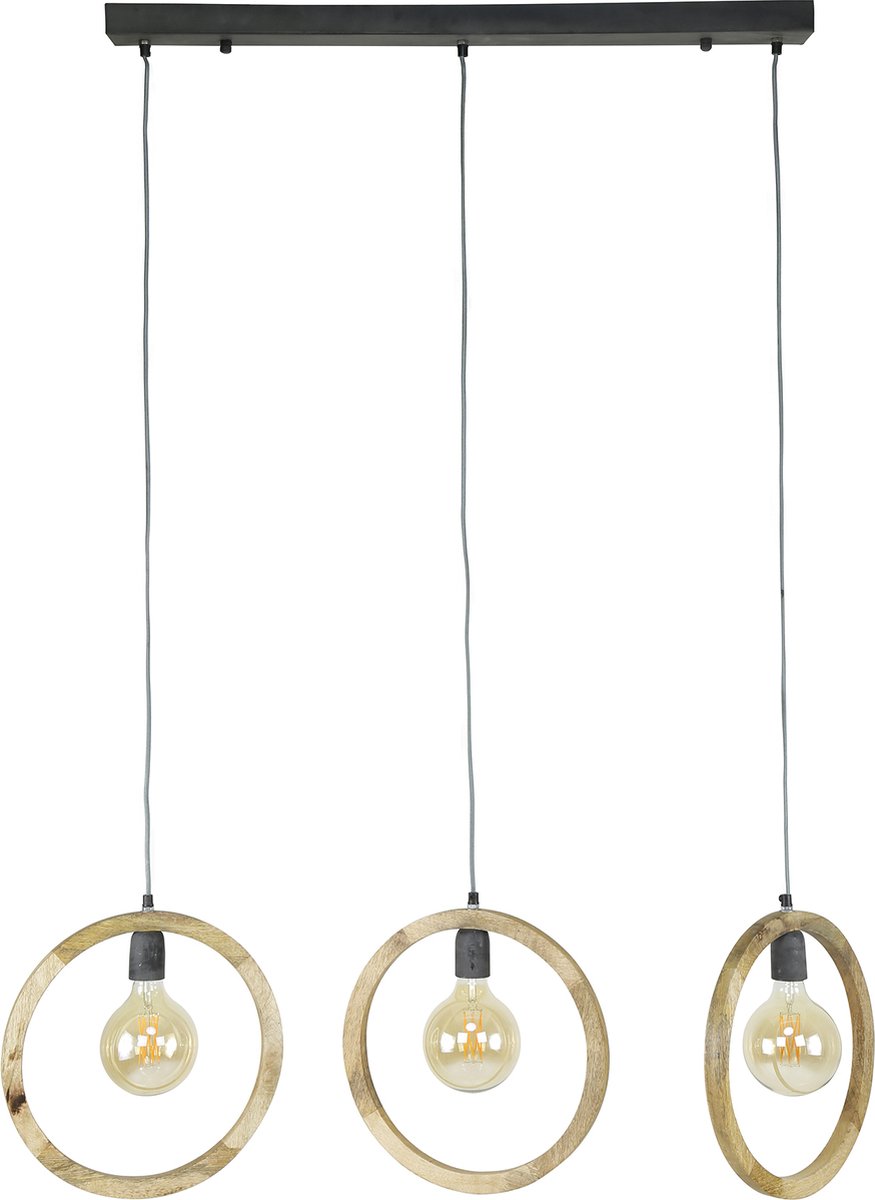 Hoyz - Hanglamp Round Wood - 3 Lampen - Massief Mango Naturel - 97x35x150 - Bruin