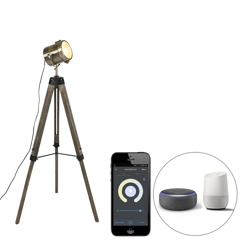 QAZQA Smart vloerlamp tripod hout met studiospot incl. Wifi B35 - Braha - Bruin