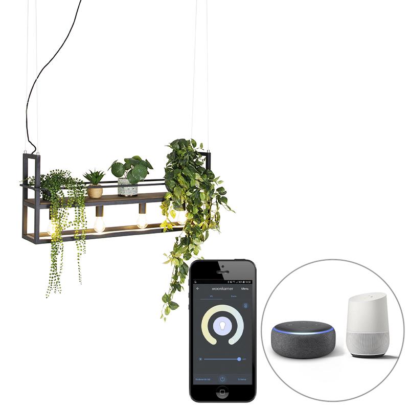 QAZQA Smart hanglamp zwart met hout en rek 4-lichts incl. Wifi A60 - Cage Rack - Bruin