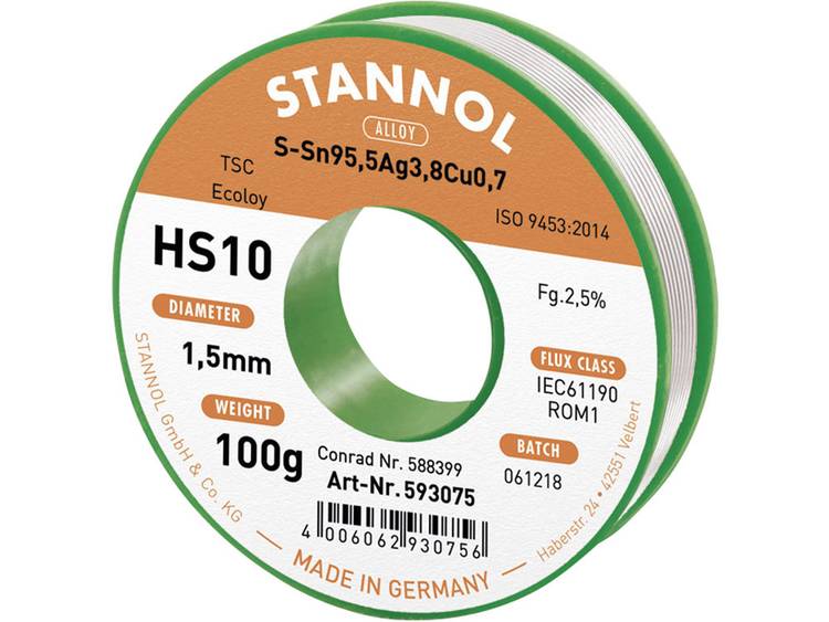 Stannol HS10 2510 Soldeertin, loodvrij Spoel Sn95Ag4Cu1 100 g 1.5 mm