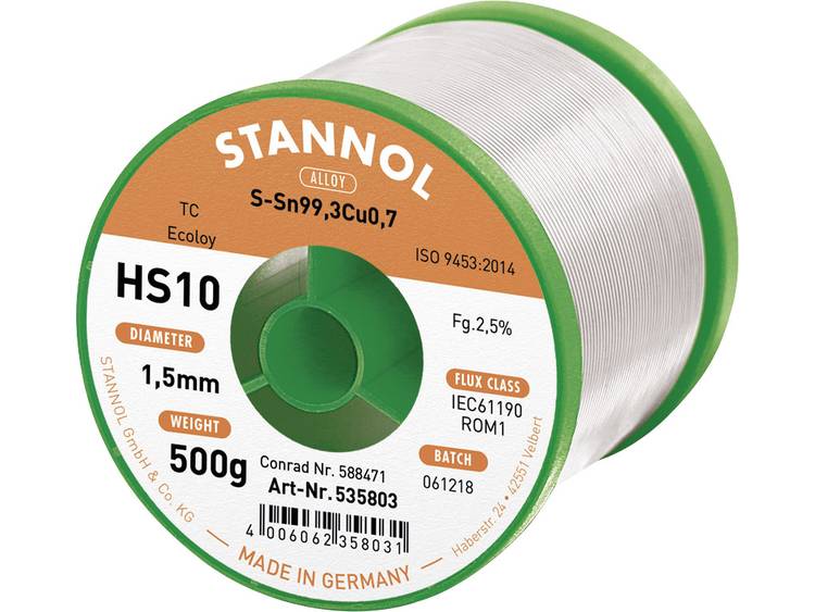 Stannol HS10 2510 Soldeertin, loodvrij Spoel Sn99.3Cu0.7 500 g 1.5 mm