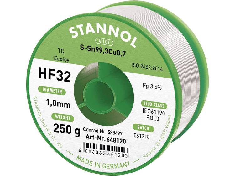 Stannol HF32 3500 Soldeertin, loodvrij Spoel Sn99.3Cu0.7 250 g 1.0 mm