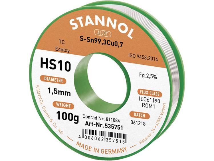 Stannol HS10 2510 Soldeertin, loodvrij Spoel Sn99.3Cu0.7 100 g 1.5 mm