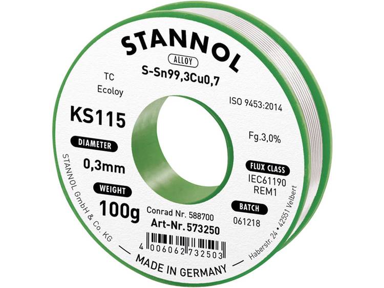 Stannol KS115 Soldeertin, loodvrij Spoel Sn99.3Cu0.7 100 g 0.3 mm