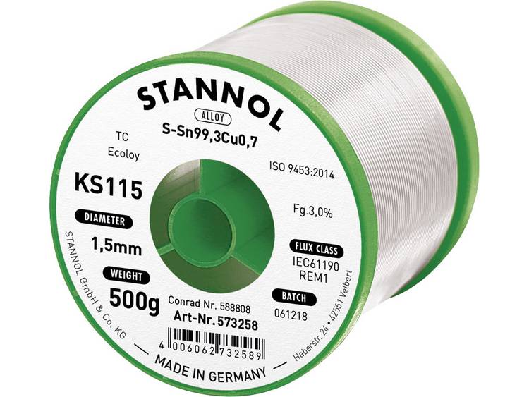 Stannol KS115 Soldeertin, loodvrij Spoel Sn99.3Cu0.7 500 g 1.5 mm