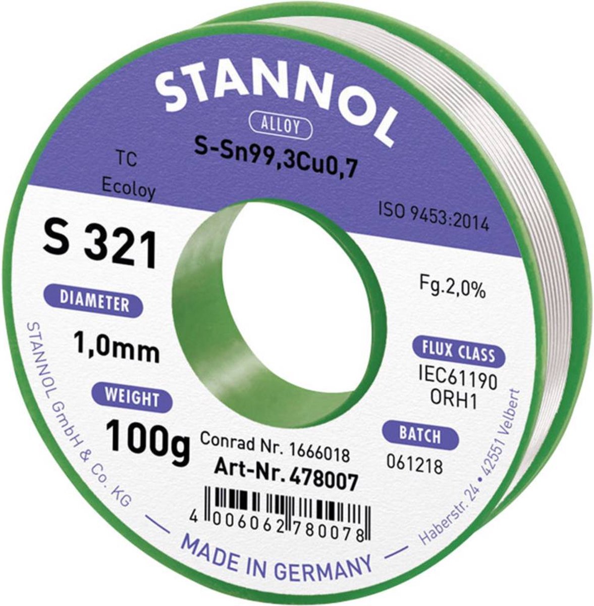 Stannol S321 2,0% 1,0MM SN99,3CU0,7CD 100G Soldeertin, loodvrij Loodvrij, Spoel Sn99.3Cu0.7 100 g 1 mm