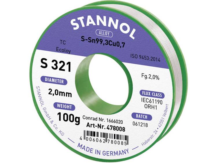 Stannol S321 2,0% 2,0MM SN99,3CU0,7 CD 100G Soldeertin, loodvrij Loodvrij, Spoel Sn99.3Cu0.7 100 g 2 mm