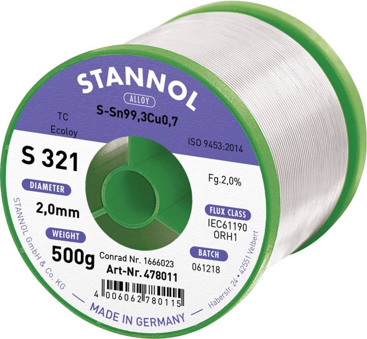 Stannol S321 2,0% 2,0MM SN99,3CU0,7CD 500G Soldeertin, loodvrij Loodvrij, Spoel Sn99.3Cu0.7 500 g 2 mm