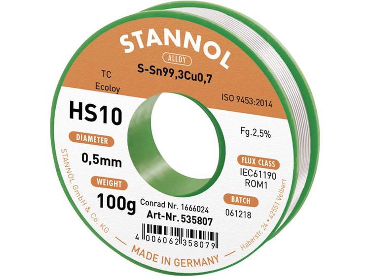 Stannol HS10 2,5% 0,5MM SN99,3CU0,7 CD 100G Soldeertin, loodvrij Loodvrij, Spoel Sn99.3Cu0.7 100 g 0.5 mm