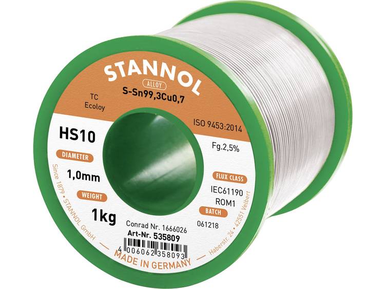 Stannol HS10 2,5% 1,0MM SN99,3CU0,7 CD 1000G Soldeertin, loodvrij Loodvrij, Spoel Sn99.3Cu0.7 1000 g 1 mm