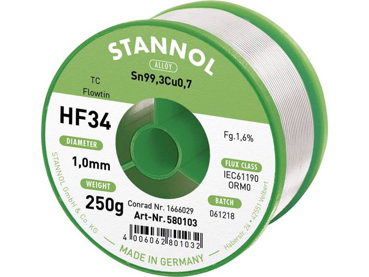 Stannol HF34 1,6% 1,0MM FLOWTIN TC CD 250G Soldeertin, loodvrij Spoel, Loodvrij Sn99.3Cu0.7 250 g 1 mm