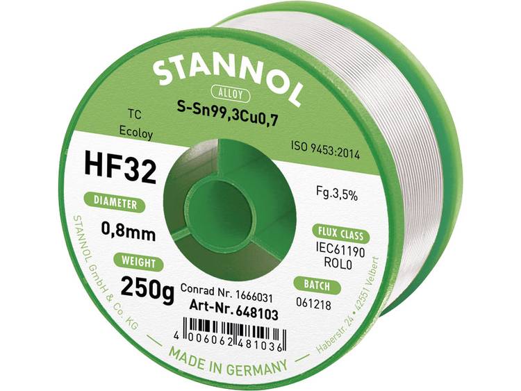 Stannol HF32 3,5% 0,8MM SN99CU0,7 CD 250G Soldeertin, loodvrij Loodvrij Sn99.3Cu0.7 250 g 0.8 mm