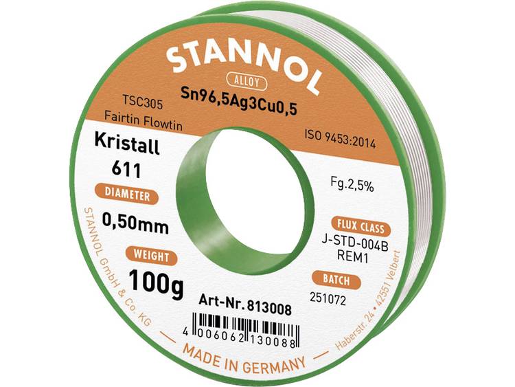 Stannol Kristall 611 Fairtin Soldeertin, loodvrij Loodvrij Sn3.0Ag0.5Cu 100 g 0.5 mm