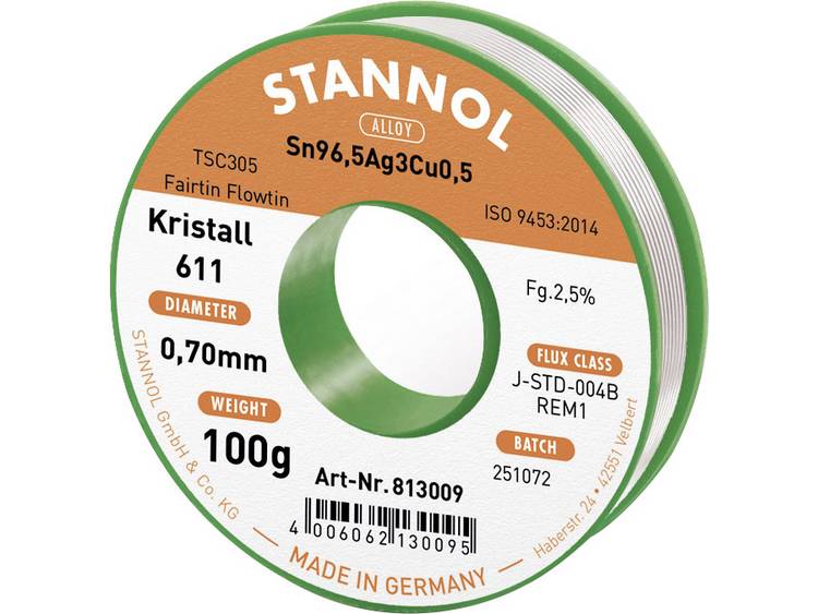 Stannol Kristall 611 Fairtin Soldeertin, loodvrij Loodvrij Sn3.0Ag0.5Cu 100 g 0.7 mm