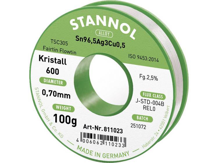 Stannol Kristall 600 Fairtin Soldeertin, loodvrij Loodvrij Sn3.0Ag0.5Cu 100 g 0.7 mm