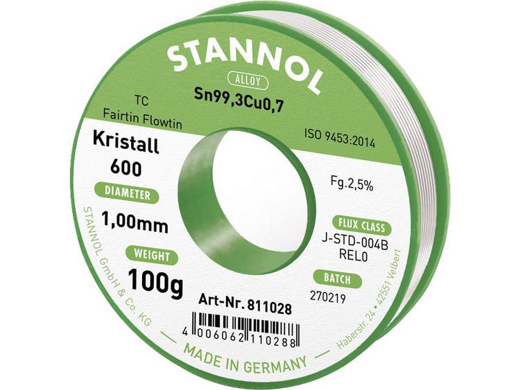 Stannol Kristall 600 Fairtin Soldeertin, loodvrij Loodvrij Sn0.7Cu 100 g 1.0 mm