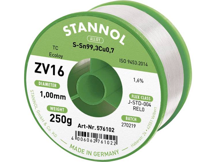 Stannol ZV16 Soldeertin, loodvrij Loodvrij Sn0.7Cu 250 g 1.0 mm