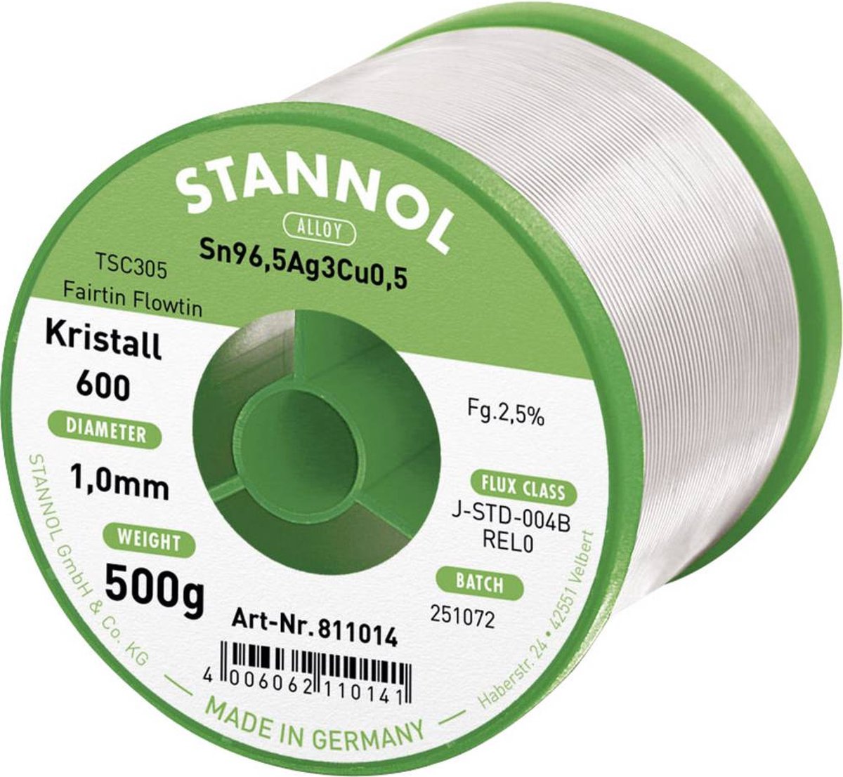 Stannol Kristall 600 Fairtin Soldeertin, loodvrij Loodvrij Sn3.0Ag0.5Cu 500 g 1.0 mm