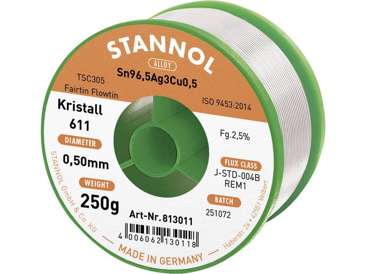 Stannol Kristall 611 Fairtin Soldeertin, loodvrij Loodvrij Sn3.0Ag0.5Cu 250 g 0.5 mm
