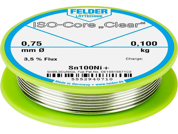 Felder LÃ¶ttechnik ISO-Core Clear Sn100Ni+ Soldeertin Spoel Sn99.25Cu0.7Ni0.05 0.100 kg 0.75 mm