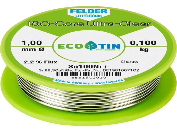 Felder LÃ¶ttechnik ISO-Core Ultra-Clear Sn100Ni+ Soldeertin, loodvrij Spoel Sn99.25Cu0.7Ni0.05 0.100 kg 1 mm